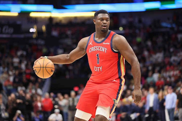 New Orleans Pelicans forward Zion Williamson dribbles